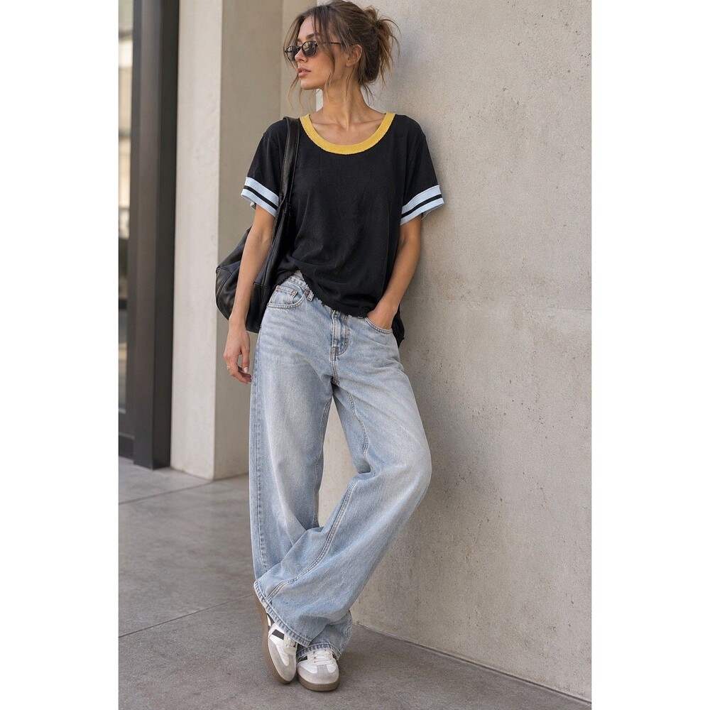 We The Free Free People Black Ringer Tee XL Yellow Blue Striped Raw Hem Distress